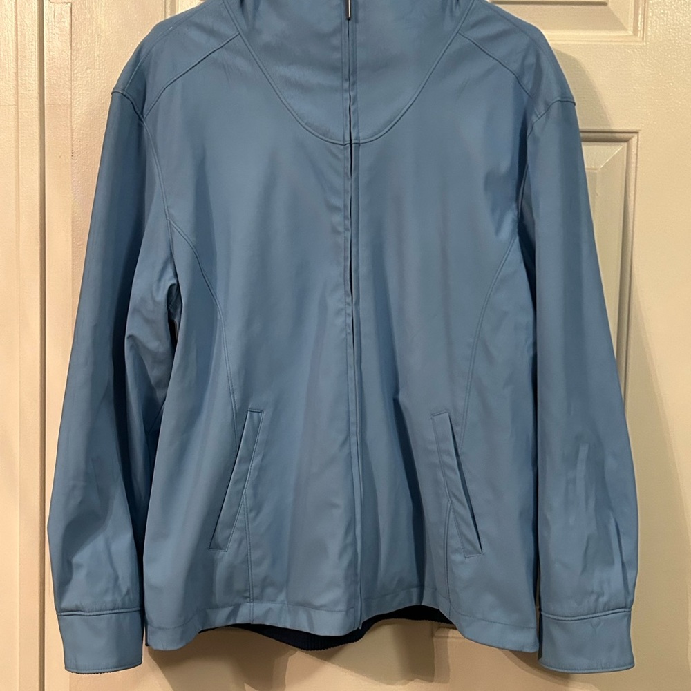 Light blue jacket,1x use in good condition. Hooded w/ royal blue corduroy lining